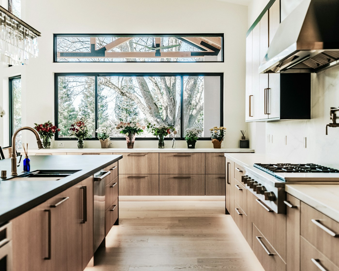 Contemporary home interior with warm wood cabinetry